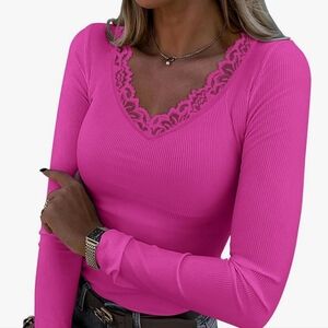 Elegant Pink Lace Trim Women's Top